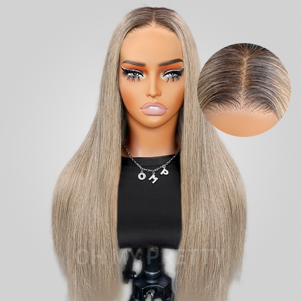 OhMyPretty Wear Go Straight Honey Blonde With Brown Roots Pre-Cut 6x4 Glueless Lace Wigs