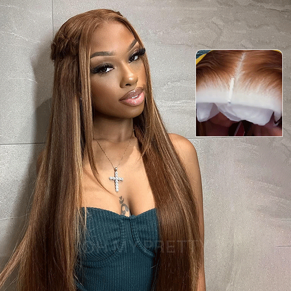 OhMyPretty Wear Go Highlight Brown Glueless  6x4 Lace Straight Wig Breathable Cap Human Hair Pre plucked &Pre Bleached & Pre Cut