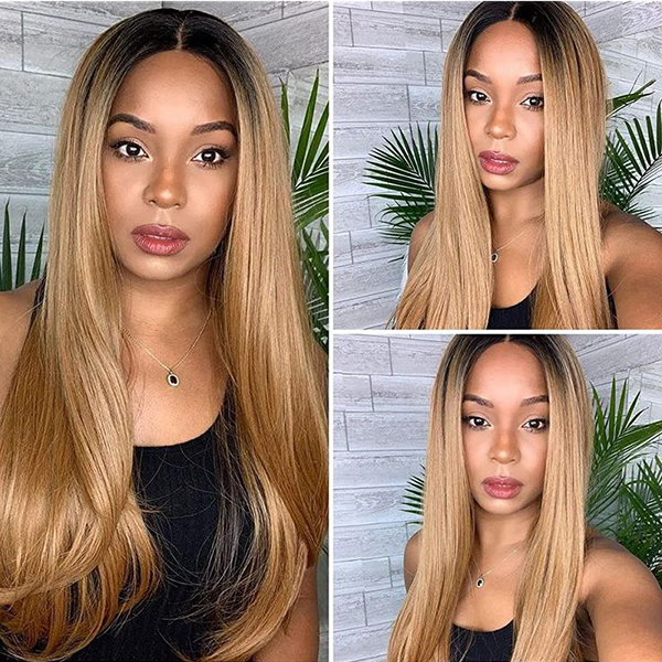 OhMyPretty Wear Go Straight Honey Blonde With Brown Roots Pre-Cut 6x4 Glueless Lace Wigs