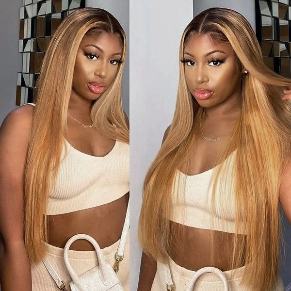 OhMyPretty Wear Go Straight Honey Blonde With Brown Roots Pre-Cut 6x4 Glueless Lace Wigs