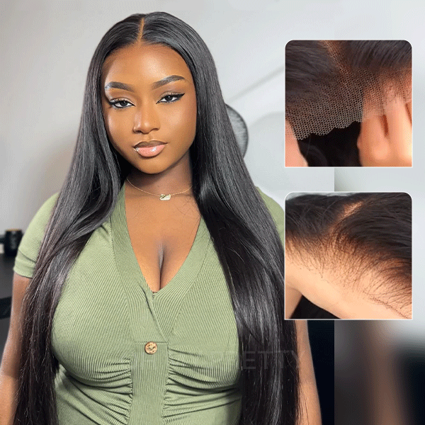 OhMyPretty Wear Go Glueless 6x4 HD Lace Straight Wig Super Natural Hairline Silky Human Hair Pre plucked &Pre Bleached & Pre Cut
