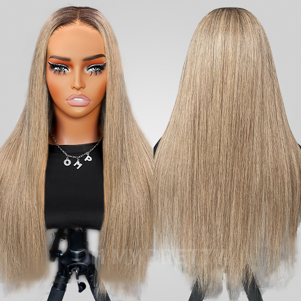 OhMyPretty Wear Go Straight Honey Blonde With Brown Roots Pre-Cut 6x4 Glueless Lace Wigs