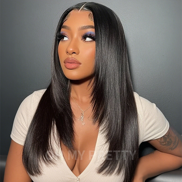 OhMyPretty Glueless Layered Cut Straight Wear Go 6x4 HD Lace Wigs Pre-Plucked Hairline Pre-Cut HD Lace Tiny Knots 100% Human Hair