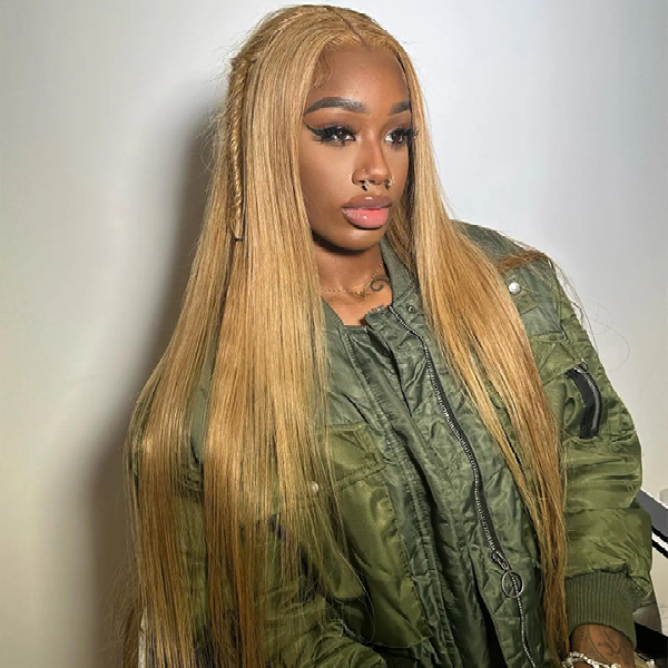 OhMyPretty Wear Go Glueless Honey Blonde #27 Color Straight 6x4 Lace Wig With Pre-plucked Hairline Secure 3D Dome Cap