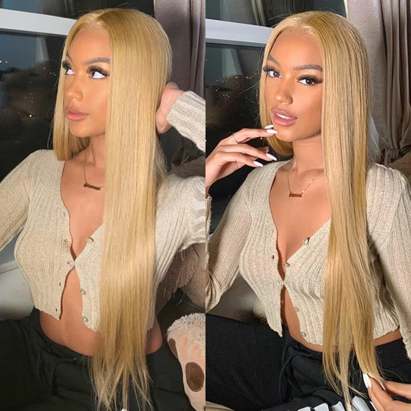 OhMyPretty Wear Go Glueless Honey Blonde #27 Color Straight 6x4 Lace Wig With Pre-plucked Hairline Secure 3D Dome Cap