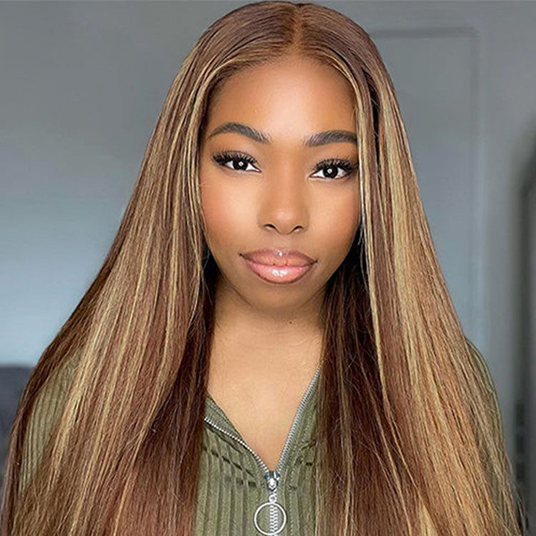 OhMyPretty Wear Go Glueless 9x6 Lace Highlight Brown Straight Wig M Cap Super Natural Hairline Silky Human Hair  Mini Knots Pre plucked & Pre Cut