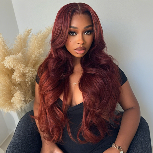 OhMyPretty Face-Framing Layers Reddish Brown Color Wear Go Upgraded Body Wave Glueless 6x4 Lace Wig With Pre-plucked Hairline