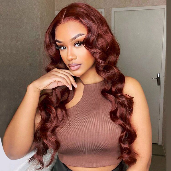 Wear Go Glueless Reddish Brown Color Body Wave 6x4 Lace Wig With Pre-plucked Hairline