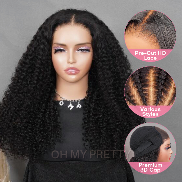 OhMyPretty Wear Go Kinky Curly Glueless 6x4 HD Lace Closure Wig With Pre-plucked Edges