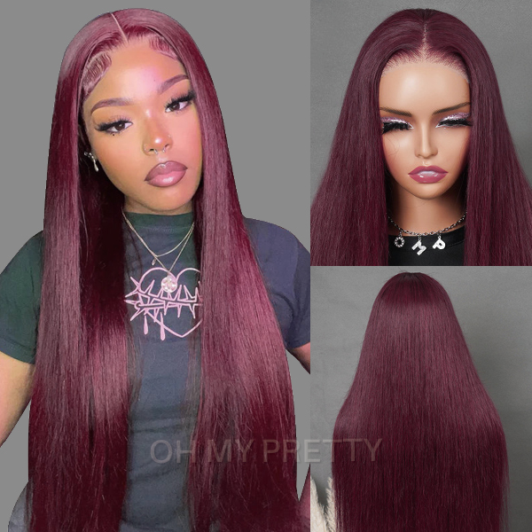 Wear Go Glueless 99J Color Straight 6x4 Lace Wig With Pre-plucked Hairline