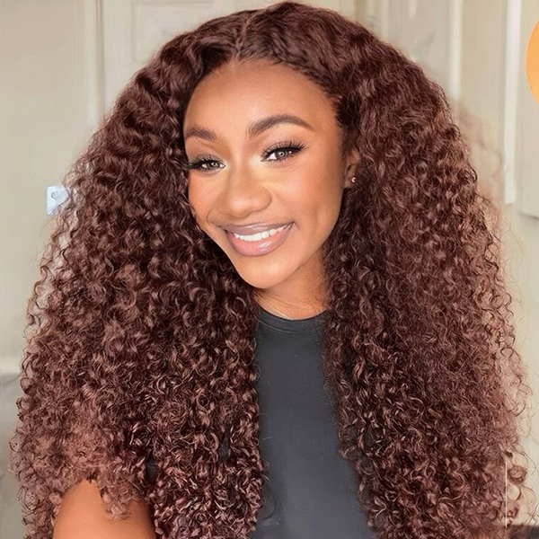 OhMyPretty Wear Go Glueless Reddish Brown Color Kinky Curly 6x4 Lace Wig With Pre-plucked Hairline