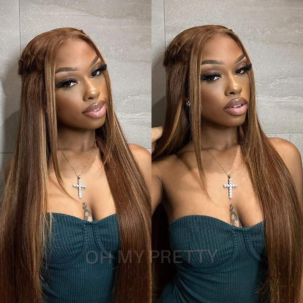 OhMyPretty Wear Go Highlight Brown Glueless  6x4 HD Lace Straight Wig Breathable Cap Human Hair Pre plucked &Pre Bleached & Pre Cut