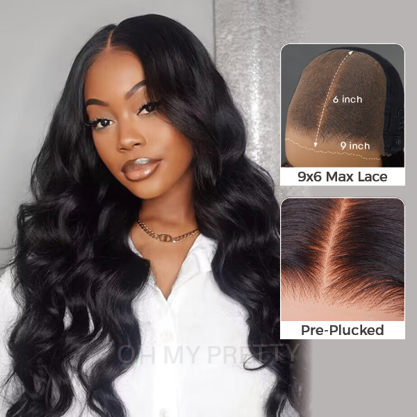 OhMyPretty Wear Go Glueless 9x6 Lace Body Wave Wig M Cap Pre Cut Lace with Natural Hairline Mini Knots