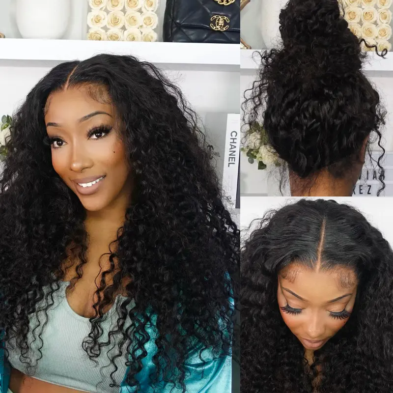 OMpretty 360 Water Wave Invisi Drawstring Wear Go Glueless Pre-Bleached And Pre-Cut Lace Human Hair Wig