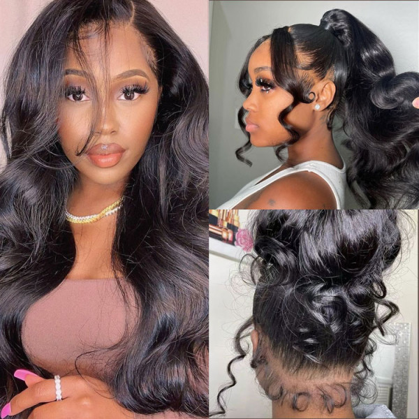 OMpretty 360 Body Wave Invisi Drawstring Wear Go Glueless Pre-Bleached And Pre-Cut Lace Human Hair Wig