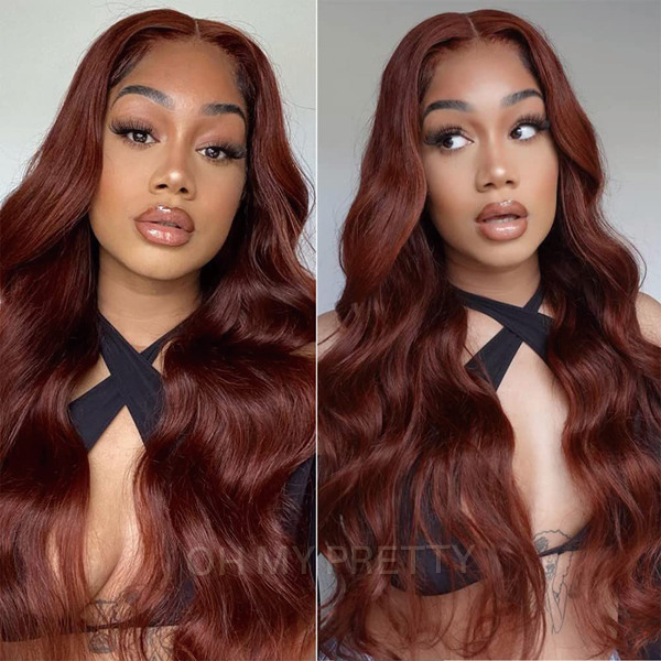 OhMyPretty Wear Go Glueless Reddish Brown Color Body Wave 6x4 Lace Wig With Pre-Plucked Realistic Hairline Pre-Cut Zig Zag Lace Mini Knots