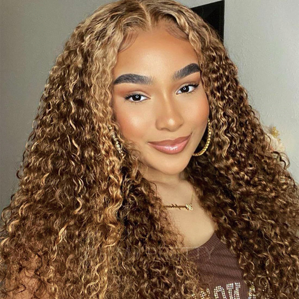 Wear Go Glueless Highlight Brown Kinky Curly 6x4 Lace Wig With Pre-plucked Hairline