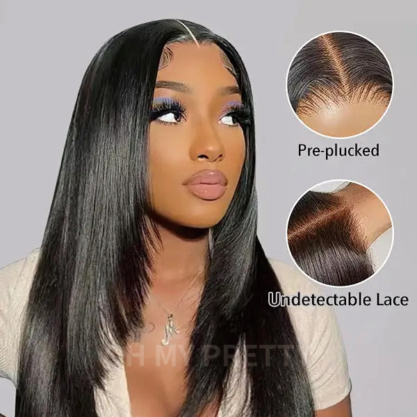OhMyPretty Glueless Layered Cut Straight Wear Go 6x4 HD Lace Wigs Pre-Plucked Hairline Pre-Cut HD Lace Tiny Knots 100% Human Hair