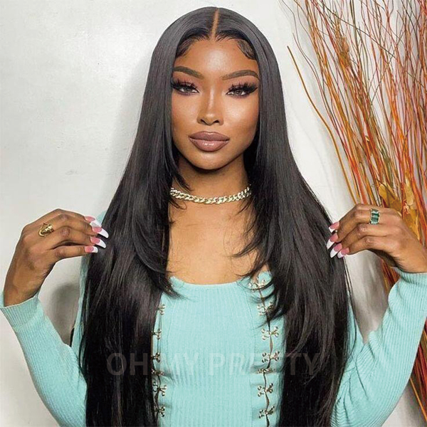 OhMyPretty Glueless Layered Cut Straight Wear Go 6x4 HD Lace Wigs Pre-Plucked Hairline Pre-Cut HD Lace Tiny Knots 100% Human Hair
