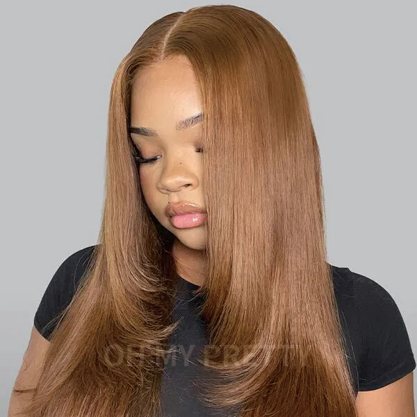 OhMyPretty Glueless Layered Cut Chestnut Brown Straight Wear Go 6x4 HD Lace Wigs Pre-Plucked Hairline Pre-Cut HD Lace Tiny Knots