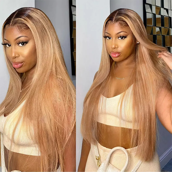 OhMyPretty Wear Go Straight Honey Blonde With Brown Roots Pre-Cut 6x4 Glueless Lace Wigs
