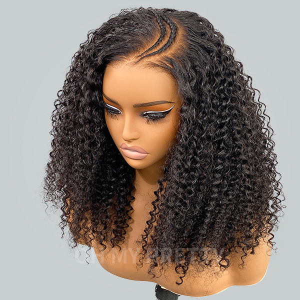 OMpretty Pre-Braid Style Kinky Curly 9x6 M Cap Wear Go Glueless Wig Pre Cut Lace Pre-Bleached Knots